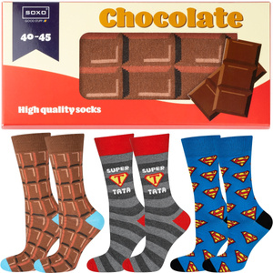 Gift for Dad: 1x Men's Socks Colorful SOXO Chocolate and 1x Men's Socks with the inscription "Super Tata" and 1x Superman Men's Socks
