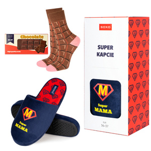 Set 1x Slippers for Mom SOXO in Gift Box and 1x Women's Socks SOXO Chocolate Bar
