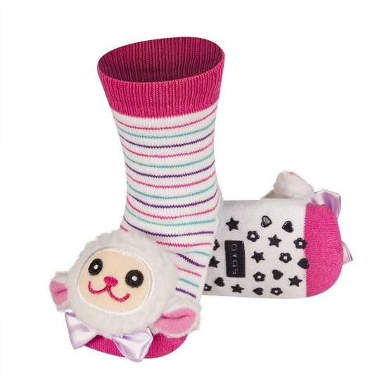 Colorful SOXO baby socks with a 3D sheep rattle