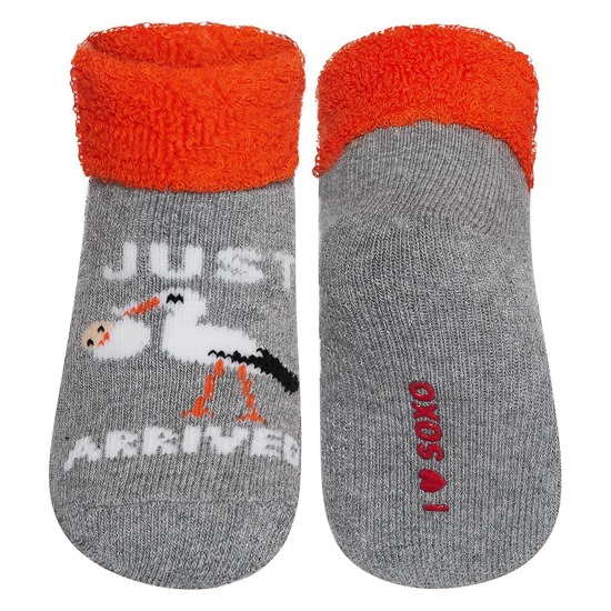 Colorful SOXO baby socks with stork inscriptions "Just arrived"