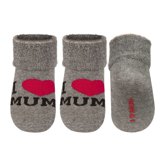 Gray SOXO baby socks with inscriptions
