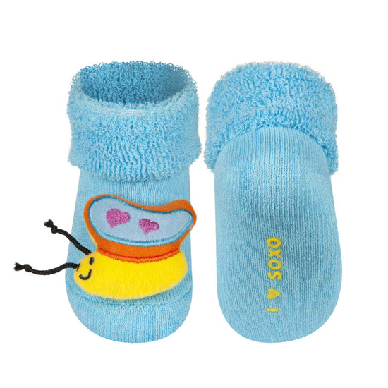 SOXO blue baby socks with a 3D butterfly rattle