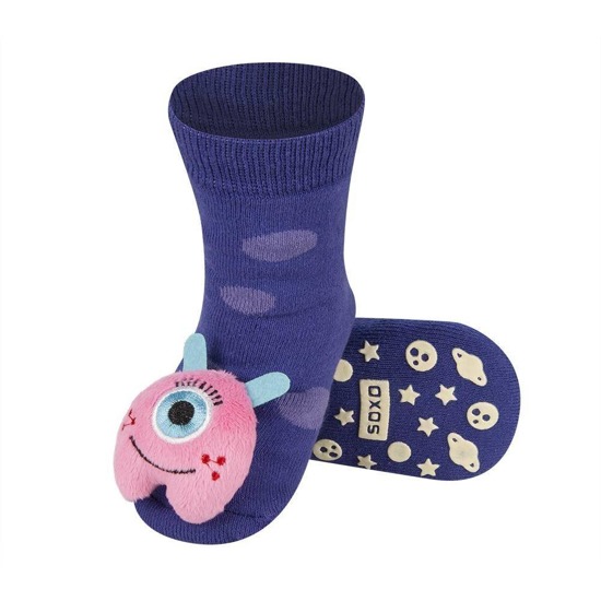 Violet SOXO baby socks with a 3D monster rattle and ABS