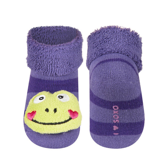 Violet SOXO baby socks with a 3D rattle, frog