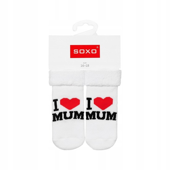 White SOXO baby socks with inscriptions
