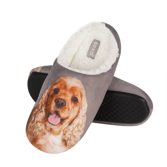 Women's SOXO slippers with a picture of a dog and a hard TPR sole