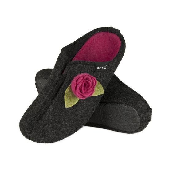 Women's felt slippers SOXO black with a flower, hard TPR sole