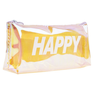 A zipped pencil case with the word HAPPY