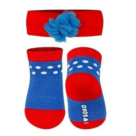 A set of blue SOXO baby socks with a headband