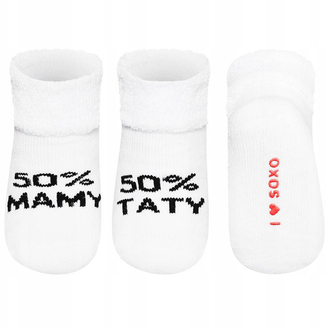 White SOXO baby socks with inscriptions