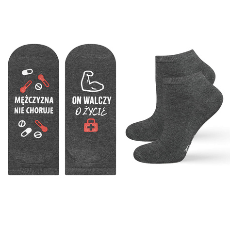 Gray SOXO men's socks with funny polish inscriptions