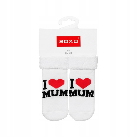 White SOXO baby socks with inscriptions